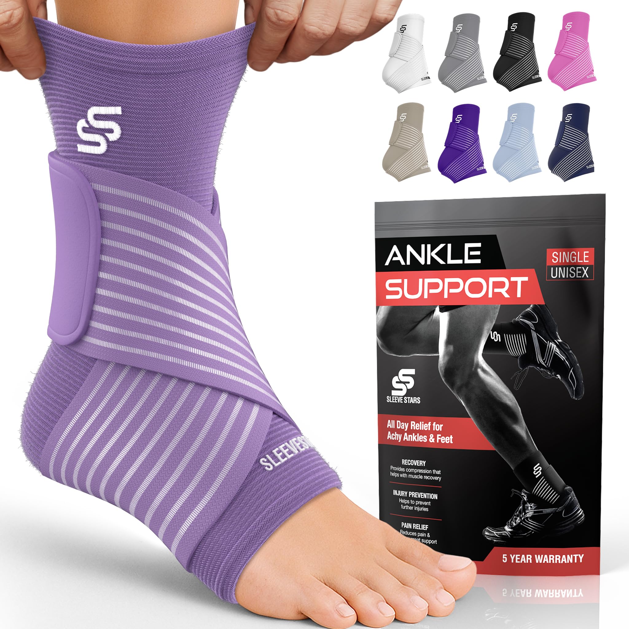 Sleeve Stars Ankle Brace for Women & Men, Ankle Wrap for Sprain, Compression Sleeve for Plantar Fasciitis Relief, Easy Customizable Support: w/Removable Strap (Pair/M:10"-12"/Light Purple)