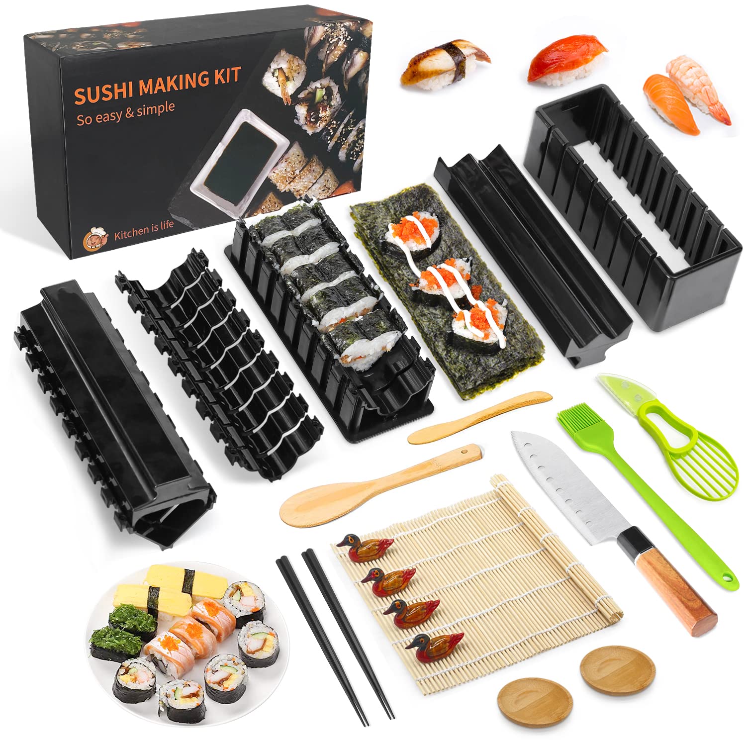 MLRYH Sushi Maker Kit, 20 pcs DIY Complete Sushi Kit for Beginners with Sushi Mat, Chopsticks, Avocado Slicer, Paddle, Spreader, Sushi Knife, Chopstick Holder, Sauce Dishes, Brush.