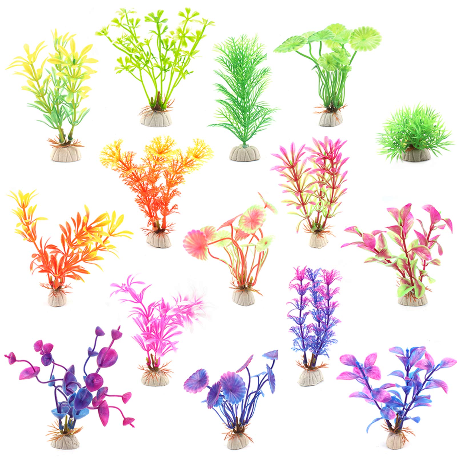 Huayue 15 x Aquarium Plants Decoration, Plastic Plants Aquarium Artificial Ornamental Plants for Aquatic Plants Plastic with Different Sizes Colours and Shapes