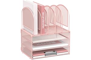 DALTACK Paper Desk Organizer, 3-Tier Letter Tray with 5 Vertical File Holders, Multifunction Desk Organizer, Desktop File Fol