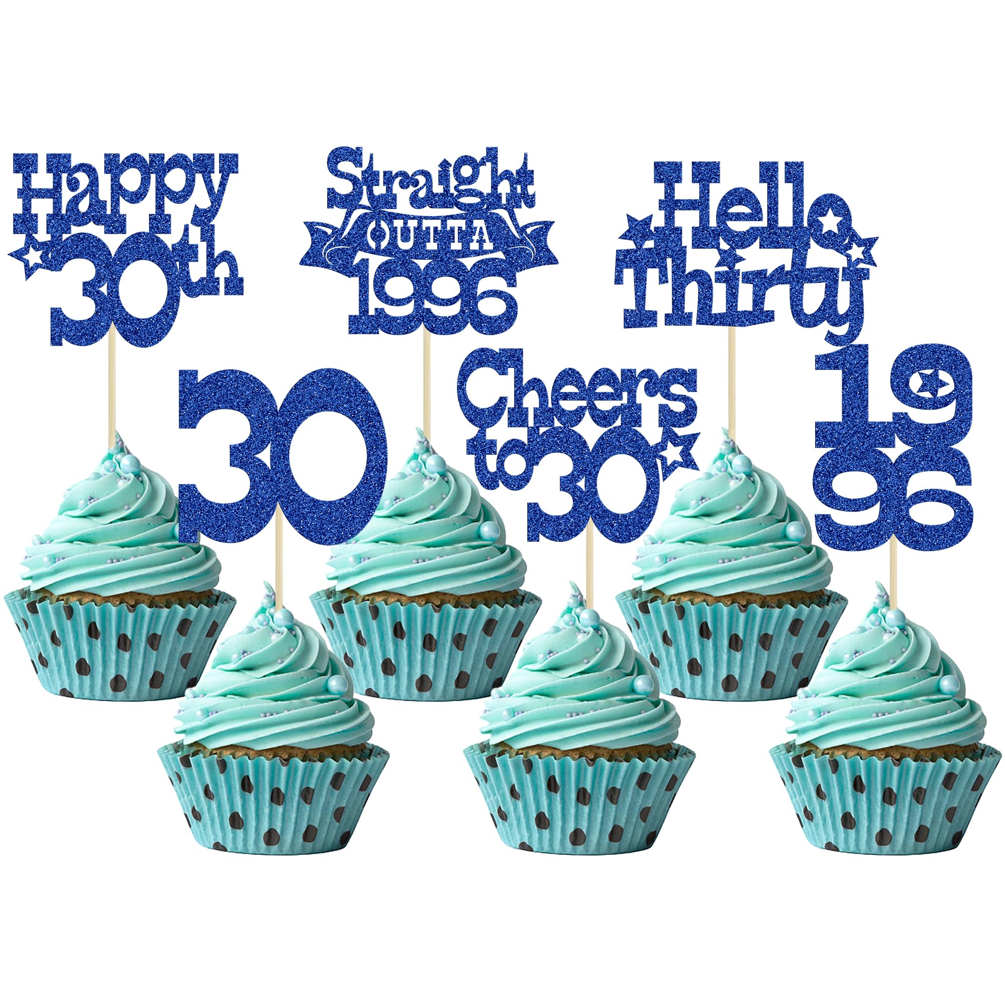 Ephlyn 30Pcs Happy 30th Birthday Cupcake Toppers Glitter Thirty Straight Outta 1996 Cupcake Picks Cheers to 30 Years Cake Decorations for Happy 30th Birthday Anniversary Party Supplies Blue