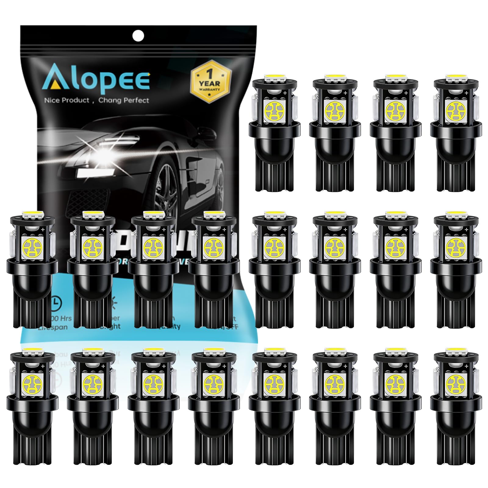 Alopee W5W LED Bulb White 5SMD 5050 Chips 6500K T10 501 Led Bulbs 12V Car Replacement for Map Dome Courtesy Number Plate Dashboard Side Marker Light (20 Pack)