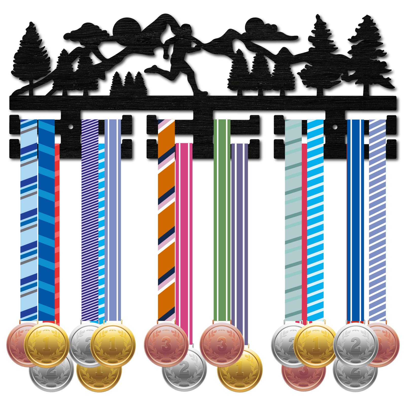CREATCABIN Running Medal Hanger Display Sports Medal Holder Rack Marathon Competition Awards Ribbons Organizer Black Wood Mount Decor Frame for Wall Hanging 30+ Medals Player Athlete Gift 15.7x5.9Inch