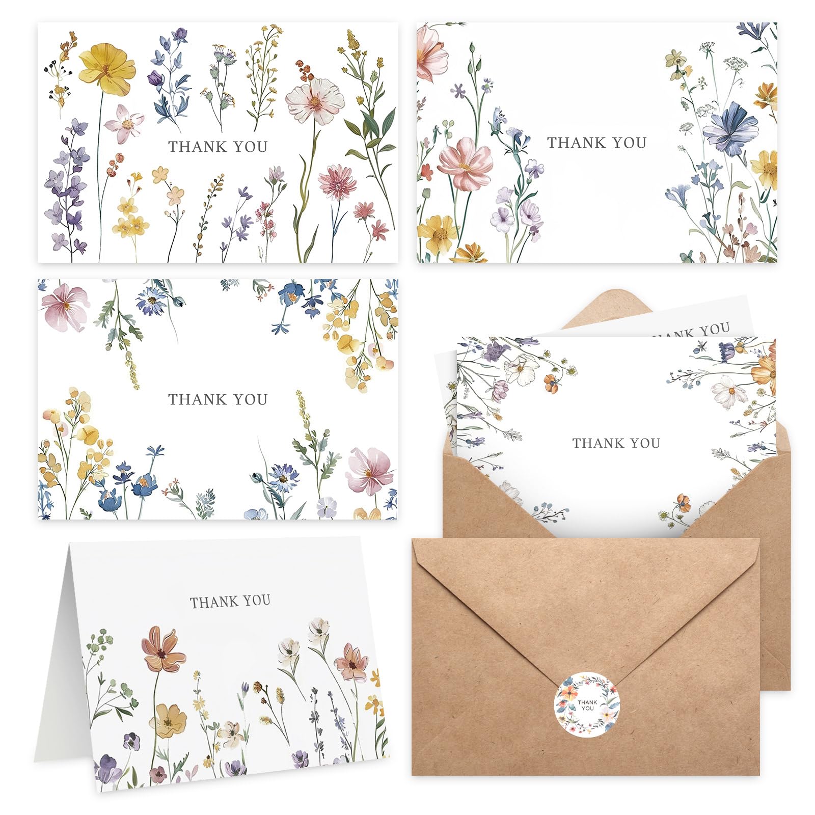 Photo 1 of XXINMOH 102 PACK Floral Thank You Cards With Envelopes (4"x6") - Wildflower Blank Cards With Adhesive Envelopes & Matching Stickers for Wedding, Bridal Showers, Baby Showers, Birthday, All Occasion