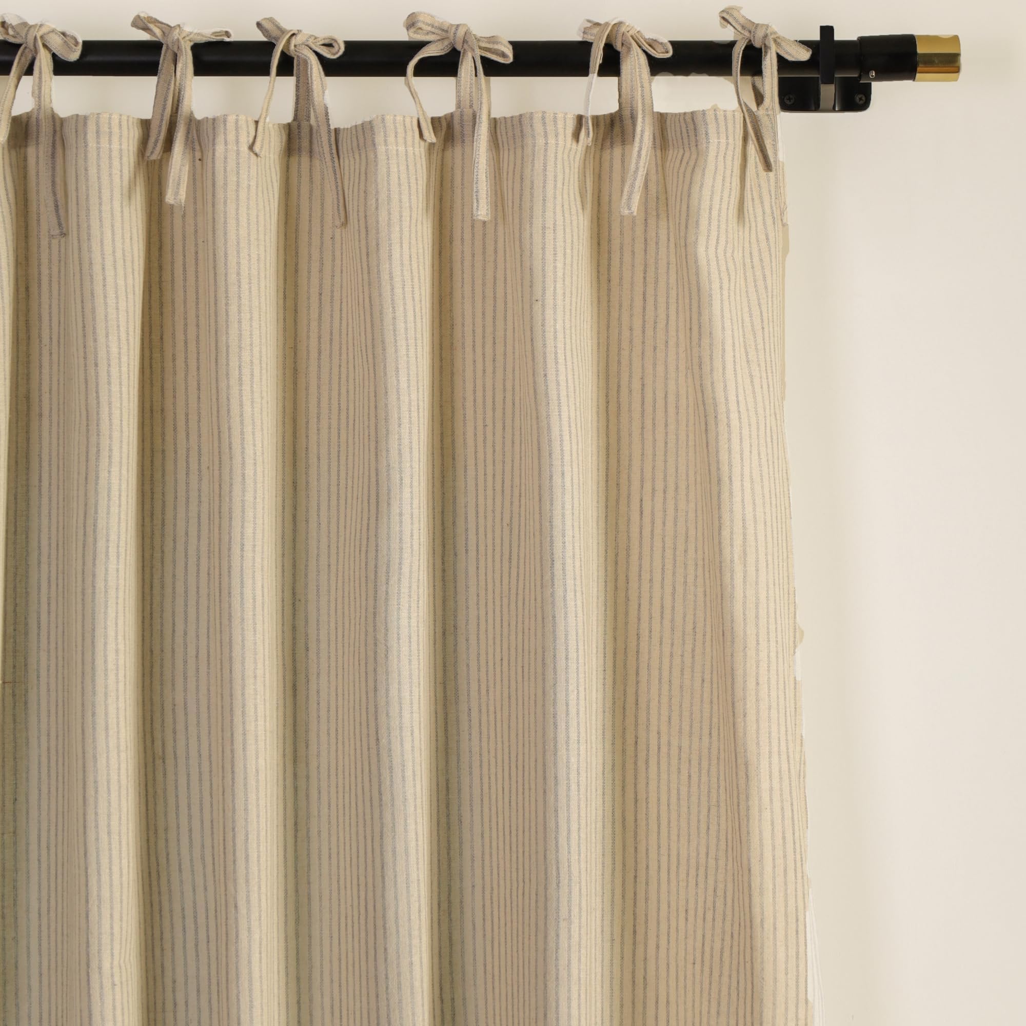 THE ART BOX Gauze Striped Curtains, Boho Linen Gauze Tie Top Hanging Curtains Light Filtering Door Window Treatment 2 Panel Drapes for Living Room Home Décor Grey on Beige (63"x42" Each Panel)