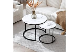 HANXIN Nesting Coffee Table Set of 2, Round Coffee Tables for Living Room with White Marble Tabletop, Black Metal Frame and Non-Slip Feet,Modern Circle Wooden Tables Side Table End Tables for Bedroom