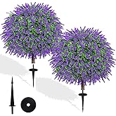 27.5" Artificial Lavender Boxwood Topiary Ball Trees, Set of 2 Fake Shrubs Bushes with Ground Spike, UV Resistant Faux Evergreen Tree for Front Porch Outdoor Garden Decor