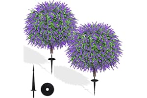 BLOYAPIX 27.5" Artificial Boxwood Lavender Topiary Ball Trees, Set of 2 Fake Shrubs Bushes with Ground Spike, UV Resistant Faux Evergreen Plants for Outdoor Indoor Planters Front Porch Garden Decor