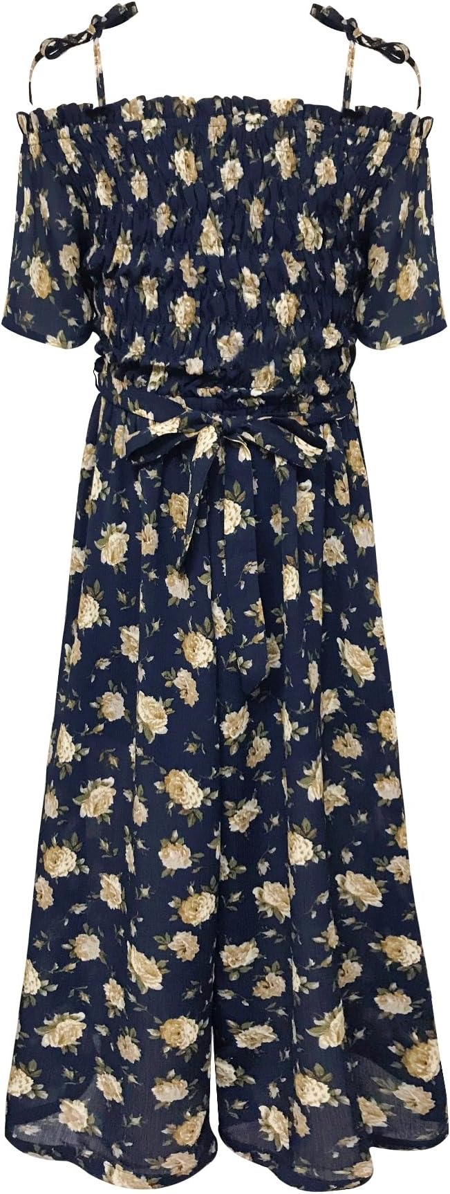 SmukkeBig Girls Floral Printed Smocking and Ruffle Detailed Jumpsuits with Pockets (Many Options), 7-16