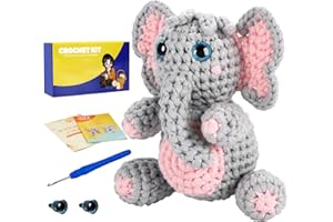 Marribol Crochet Kit for Beginners,Learn to Crochet Starter Kit with Stitch by Stitch Video Tutorial,Crochet Animal Kit for Adults Kids Gift, Elephant Crochet Kit with Beginner-Friendly Yarn-Elephant