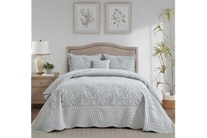 DaisyHuang Botanical Oversized Bedspread Queen Size - Leaves Pattern Stitching Quilt Set - Elegant & Fresh Style Bedding Coverlets, Reversible, Lightweight, 4 Piece, Grey