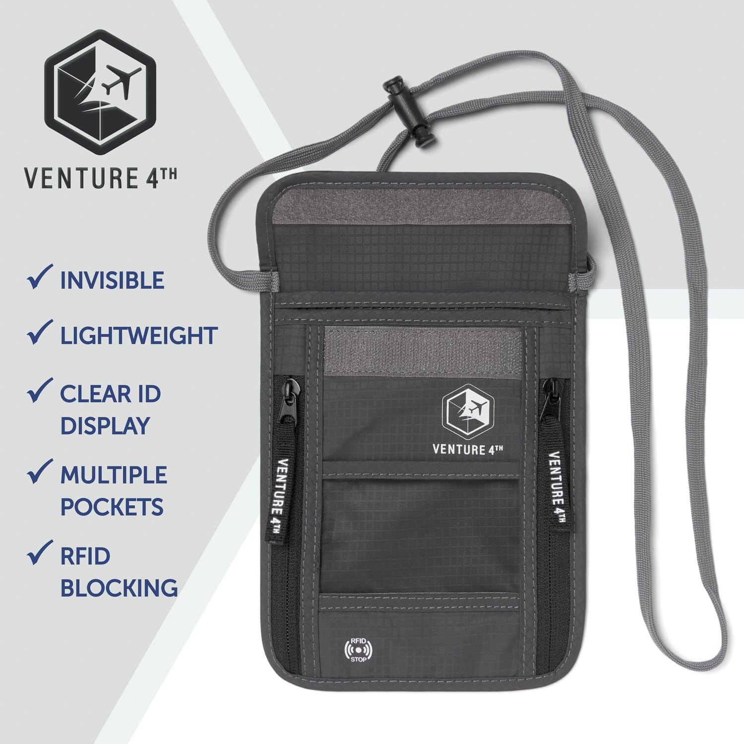  | Venture 4th Travel Neck Pouch With RFID Blocking - Travel Wallet Passport Holder (Grey) | Travel Wallets