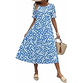 Zeagoo Womens Summer Dress Casual Midi Dresses 2026 Short Puff Sleeve Flare Dress Pleated Flowy Sundress with Pockets