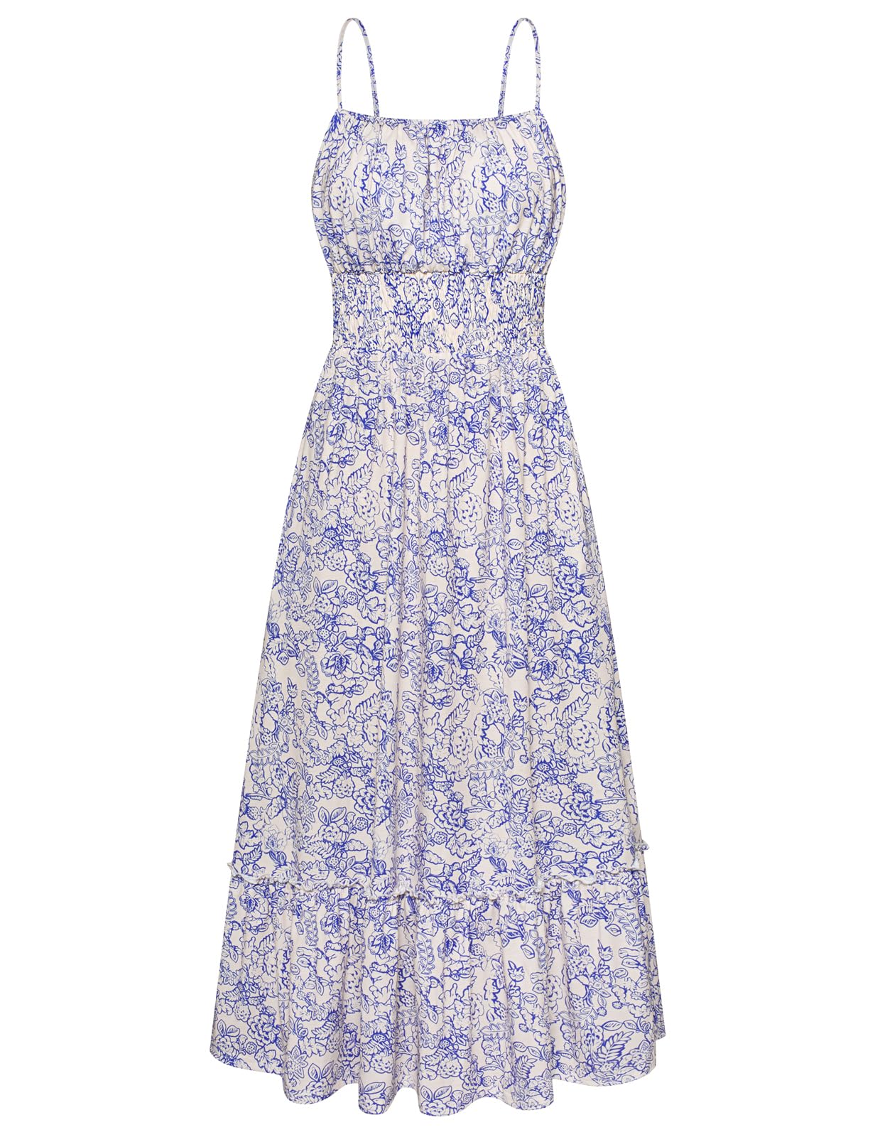 GRACE KARIN Summer Dresses for Women 2026 Vacation,Smocked Floral Maxi Dresses,Boho Beach Long Sundress Blue White Floral XL Image