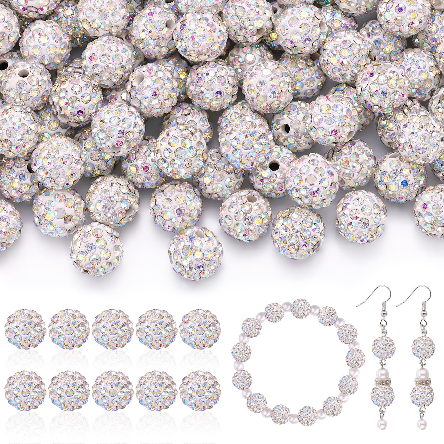Photo 1 of 105pcs 10mm Rhinestone Beads for Jewelry Making, Crystal AB Shiny Round Disco Ball Beads Bulk, Sparkle Crystal Clay Christmas for Bracelet Baseball Necklace Earring Crafting and DIY