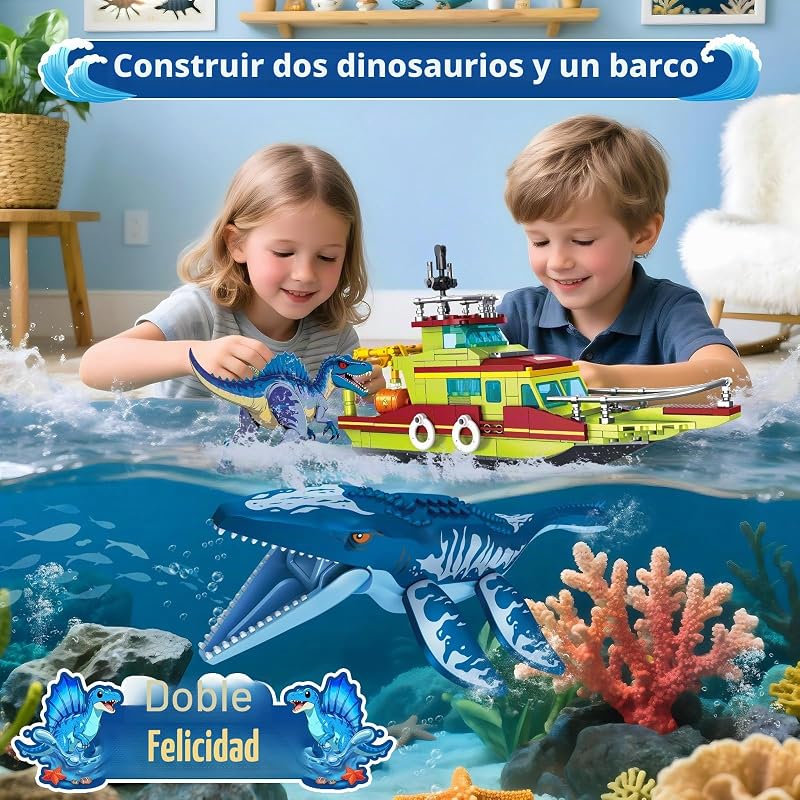 Set Construcción Dinosaurio Exploradores Océano 3 EN 1 Compatible con Dinosaurio Park World, Barco & Dinosaurios Mosasaurus Spinosaurus con Articulaciones Articuladas, Juguete Niños de 6-12 Años — foto 3 de 8