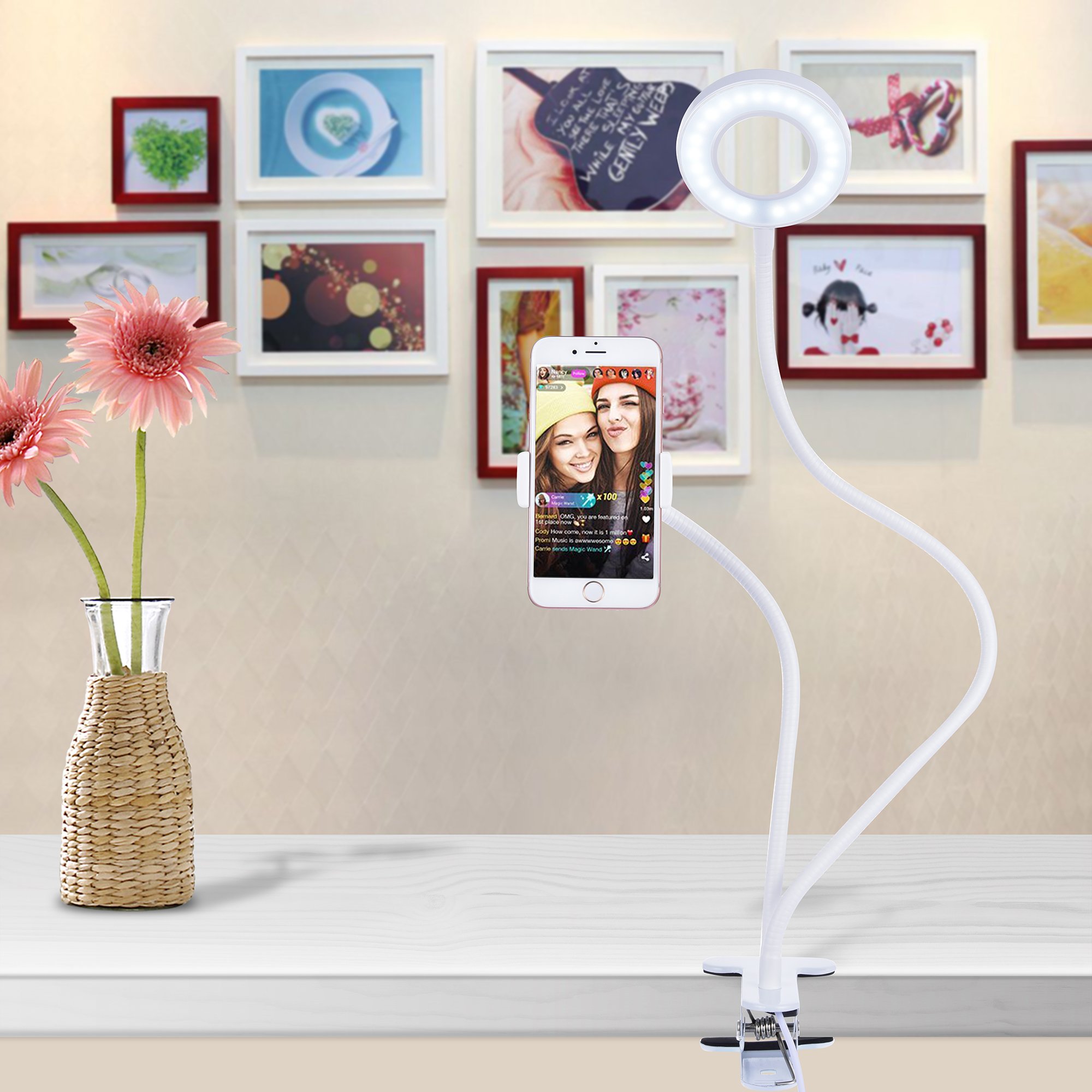 Selfie Ring Light with Cell Phone Holder Stand,OUNIER 48 LED Live Stream and Makeup [3-Light Mode] [10-Level Brightness] With 360 Rotating Long Arms for iPhone, Android Phone Desk Lamp [Energy Class A+] (White)