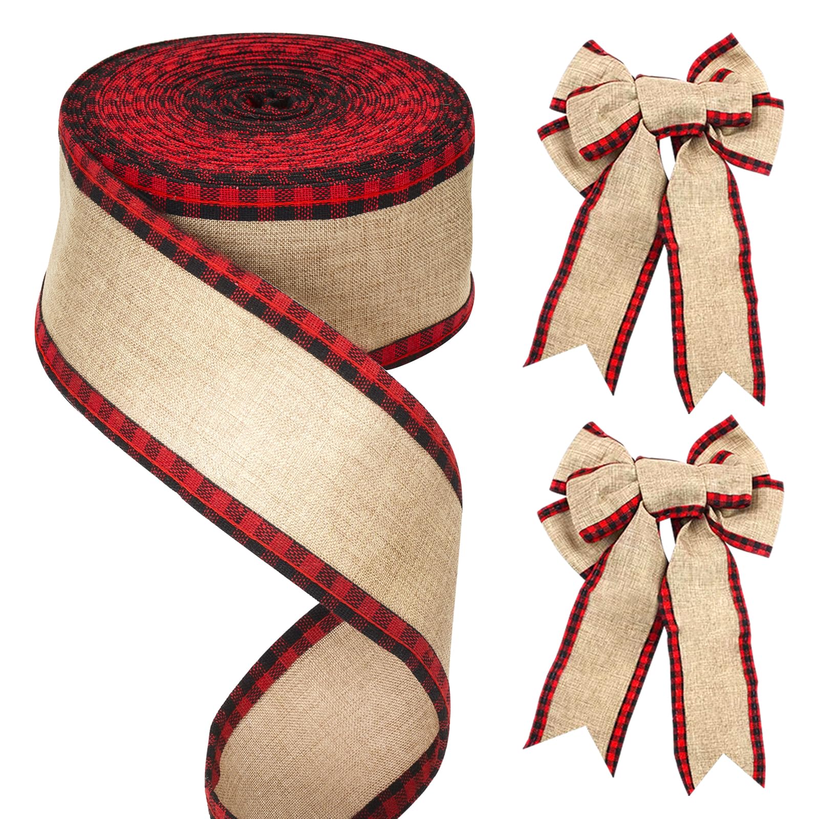 G2PLUS 63mm Buffalo Plaid Edge Burlap Ribbon: 10M Wired Hessian Ribbon for Christmas Decorations, Gift Wrapping, Rustic Bows, DIY Crafts, Farmhouse Decor