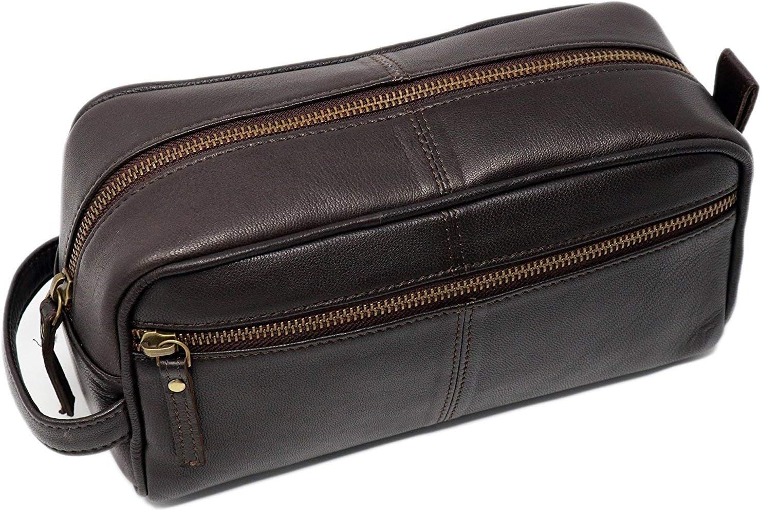 jaaldMen's Genuine Leather Toiletry Bag Waterproof Dopp Kit Shaving Bags And Grooming For Travel Groomsmen Gift Men Women Hanging Zippered Makeup Bathroom Cosmetic Pouch Case Make Up kit