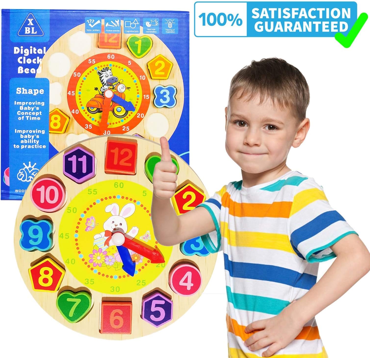 Hsxfl Wooden Shape Sorting Clock Toy Teaching Time Number Blocks Lacing Beads Block Montessori Early Learning Educational Toys for Toddlers Boys Girls 2, 3, 4 Years Old (Rabbit)
