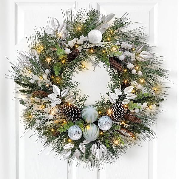 CHRISTMAS LIGHTED WREATH FOR FRONT DOOR, 28 INCHES PRE-LIT 35 LED LIGHTS SILVERY ARTIFICIAL HOLIDAY WREATH WITH SILVER ORNAMENTS FOR INDOOR OUTDOOR HOME DECORATIONS