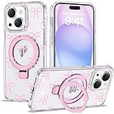 ETPESOK Compatible with iPhone 15 Plus Case Bow Pattern with Magnetic Ring Stand [Compatible with Mag-Safe] TPU Protective Phone Case for Women Girl, Clear Pink