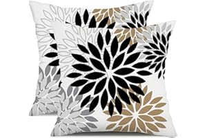 DFXSZ Black Brown Outdoor Pillow Covers 16x16 Inch Set of 2 White Gray Flower Throw Pillows Farmhouse Outdoor Modern Floral Linen Square Cushion Case Decor for Living Room Sofa Patio Funiture Garden