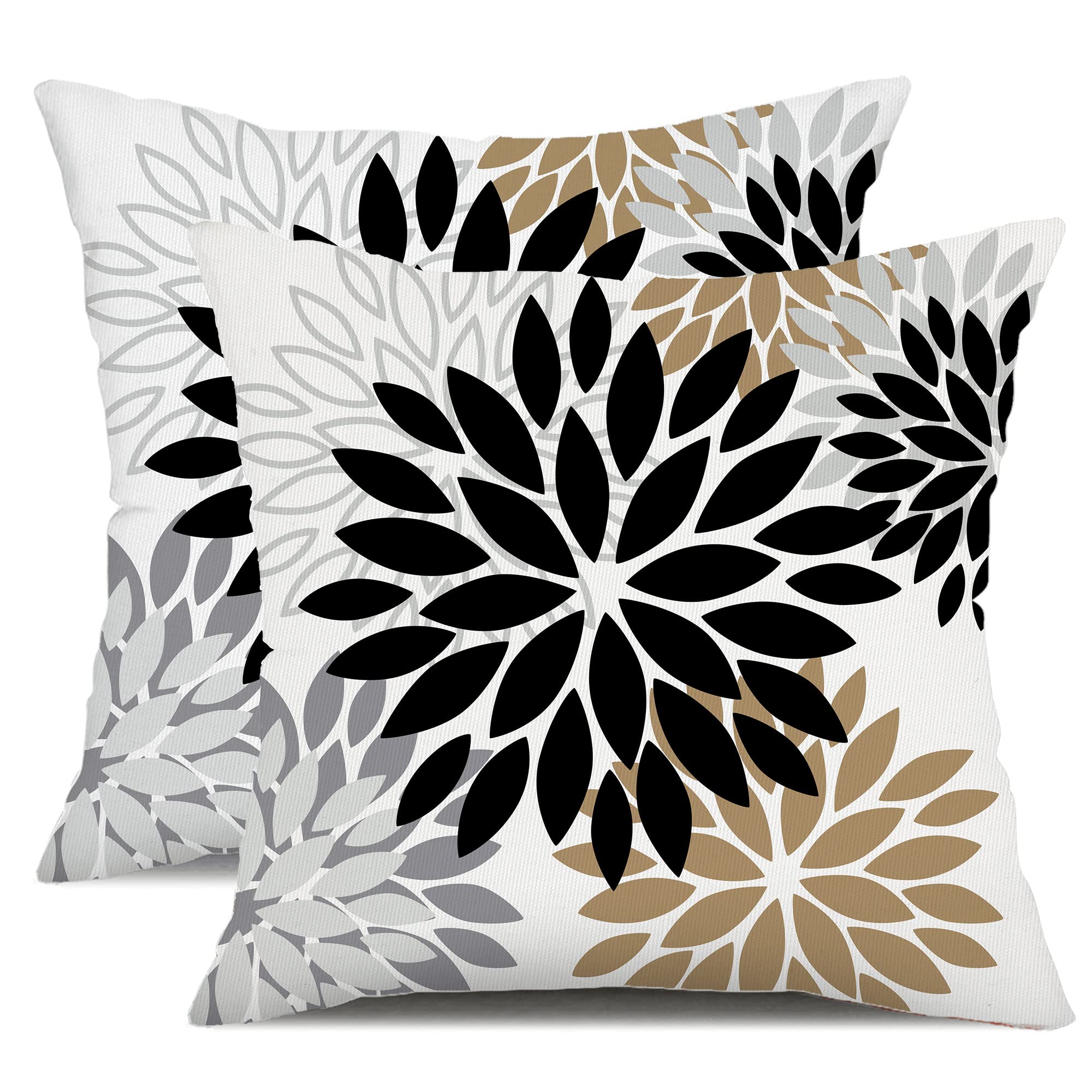 DFXSZ Black Brown Outdoor Pillow Covers 18x18 Inch Set of 2 White Gray Flower Throw Pillows Farmhouse Outdoor Modern Floral Polyester Square Cushion Case Decor for Patio Funiture Garden 002B18