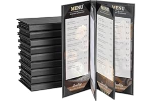 AMGSH Menu Holder Menu Covers 4.25" x 11" | 10 Pack Black Leather Menu Sleeves Book Style for Restaurant Coffee Bars Wine List (6 View, 10 Pack)