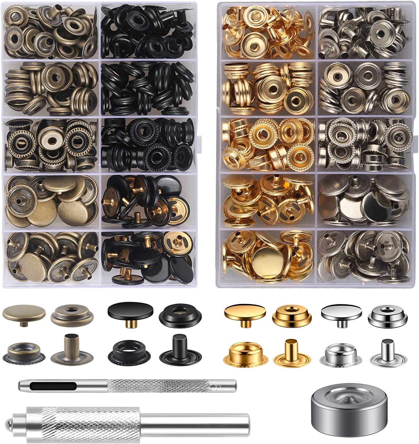 Photo 1 of 400Pieces (100 Sets) Leather Snap Fastener Kit Tool 5/8inches (15mm) Snap Button kit Snaps for Leather Anti-Rust Fasteners for Bag, Jeans, Clothes, Fabric (Gold & Silver & Bronze & Black Snaps)