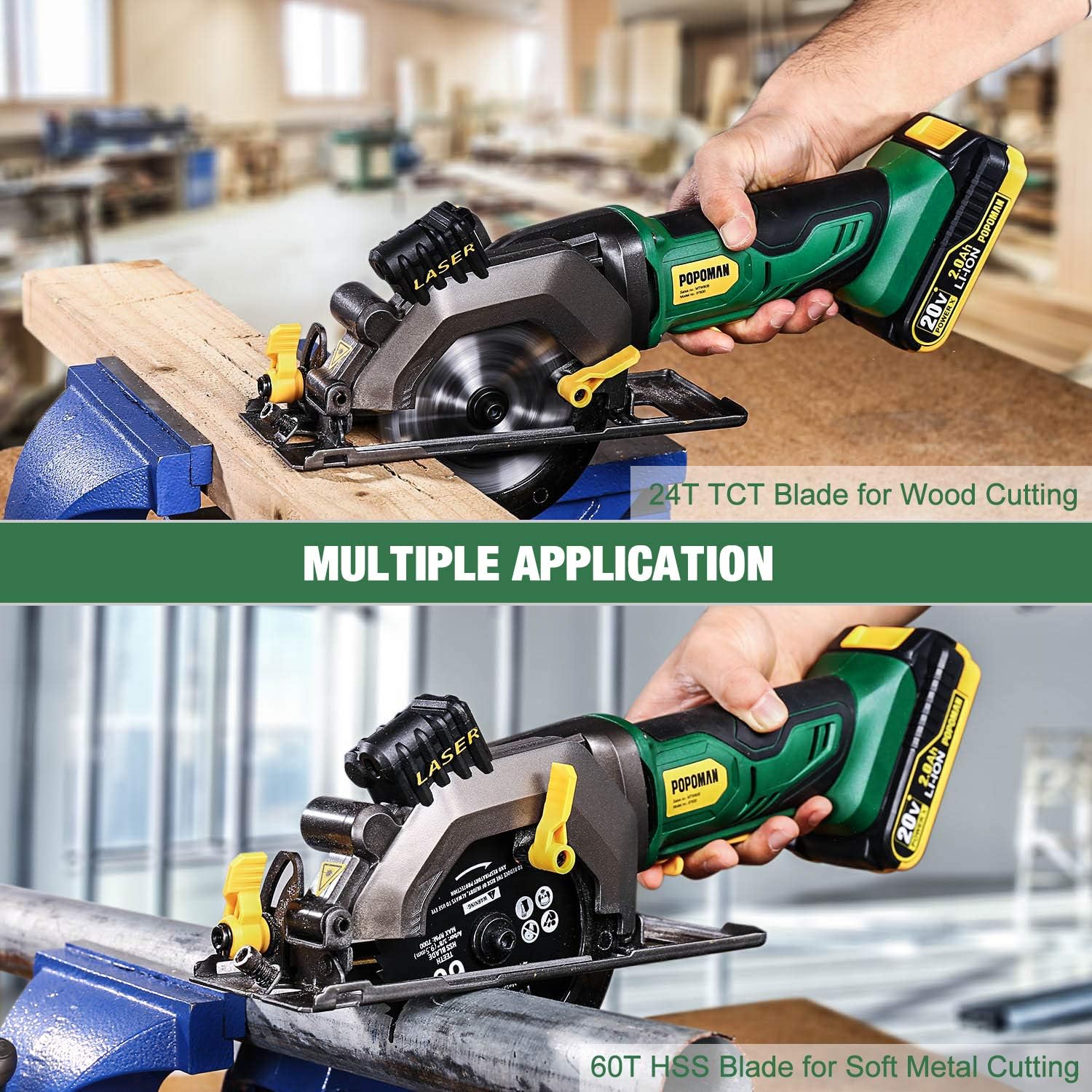 POPOMAN Cordless Circular Saw, 4-1/2" Saw with Laser Guide, 20V 2.0Ah Battery, 1H Charger, 9.5" Base Plate, Max Cutting Depth 1-11/16'' (90°), 1-1/8'' (45°), Wood, Plastic and Metal Cuts - MTW80B - - 