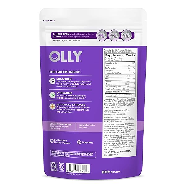OLLY SLEEP GUMMY, 3 MG MELATONIN, L-THEANINE, CHAMOMILE, AND LEMON BALM EXTRACTS, BLACKBERRY FLAVOR, 60 DAY SUPPLY – 120 COUNT