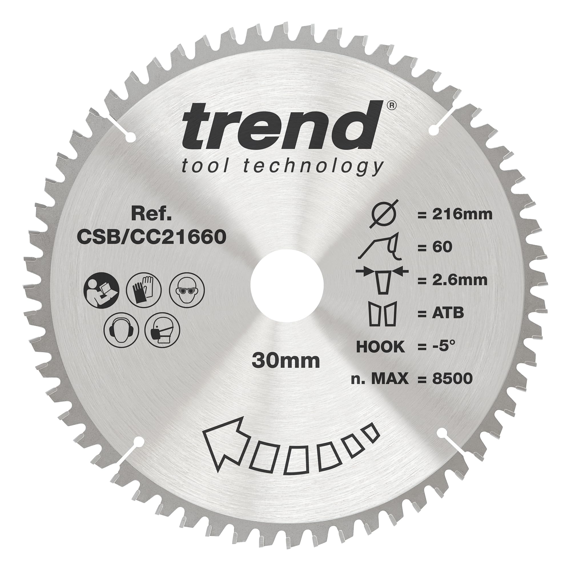 Trend Wood Mitre Saw Blade, 216mm Diameter, 30mm Bore, 60 Teeth, 2.6mm Kerf, -5° Hook, TCT, Extra-Fine Finish, CSB/CC21660