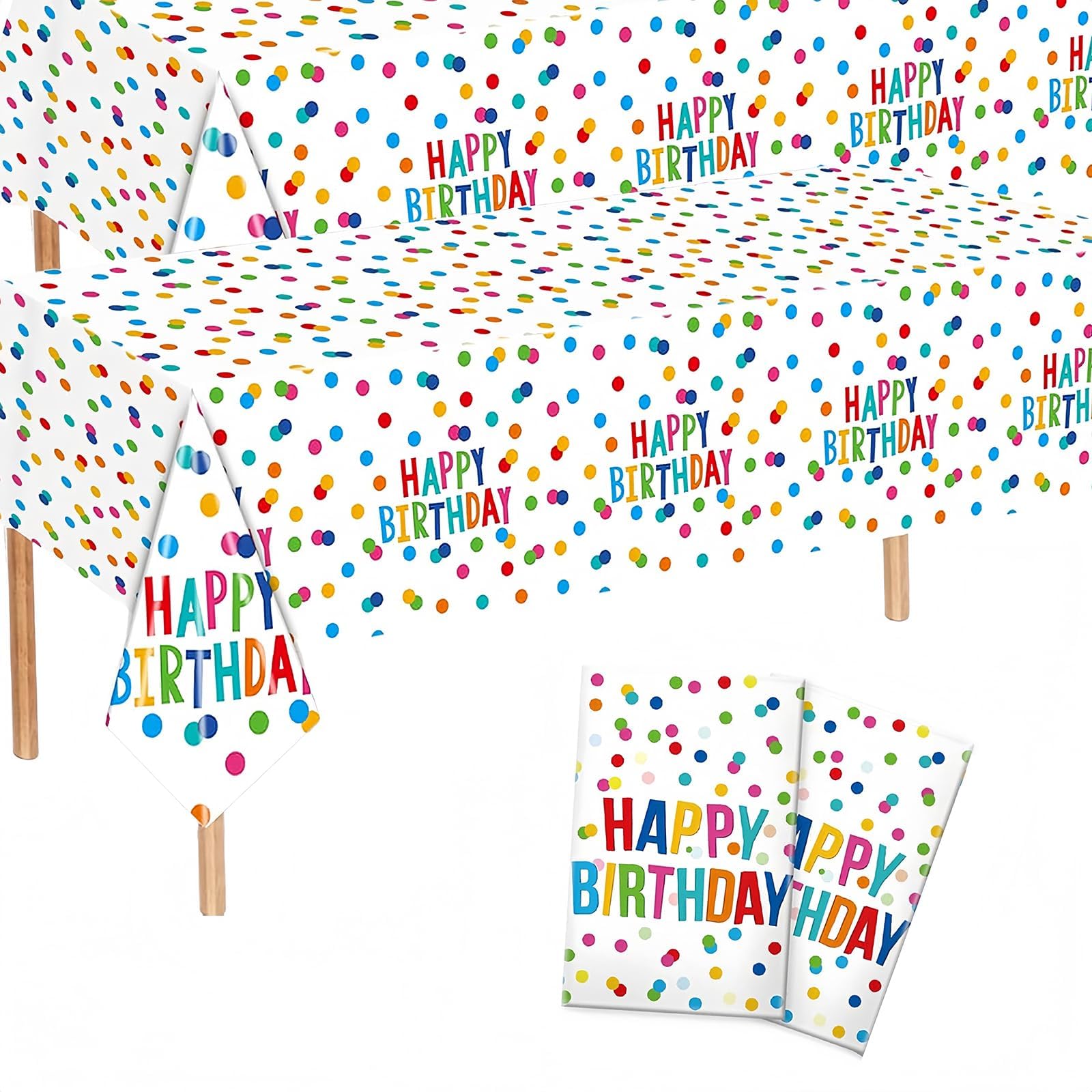 louuuou 2 PCS Party Table Cloth, Waterproof Happy Birthday Table Cover, 108" x 54" Rainbow Polka Dots Rectangular Tablecloths for Parties, Birthday Tablecloth for Kids Baby Party Themed Decorations