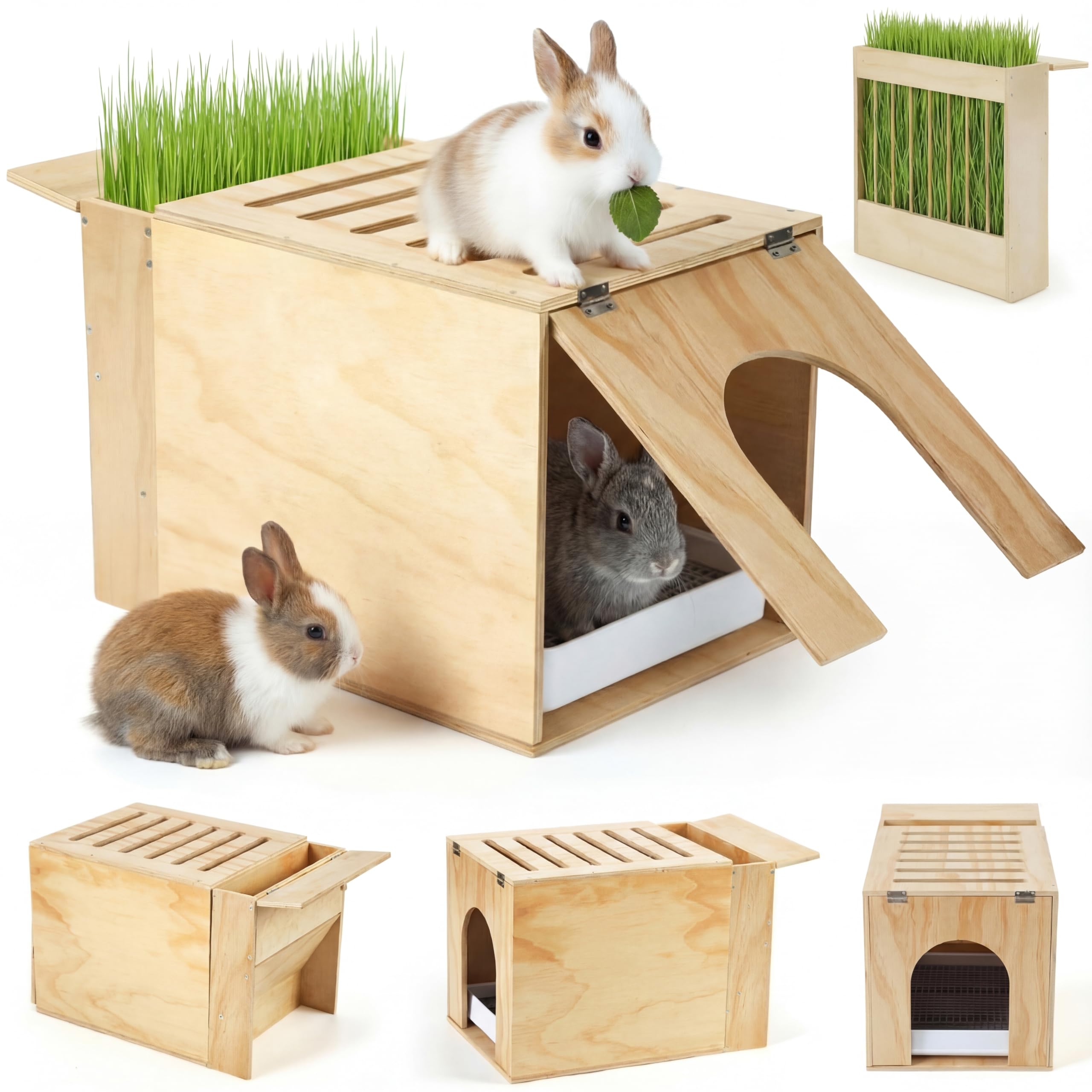 Photo 1 of 2 in 1 Extra Large 23 x 13.4 Inches Wooden Rabbit Litter Box with Hay Feeder Large Capacity Less Mess Rabbit Hay Feeder Litter Box Set for Rabbits, Bunny, Guinea Pig, Hamster, Small Animals