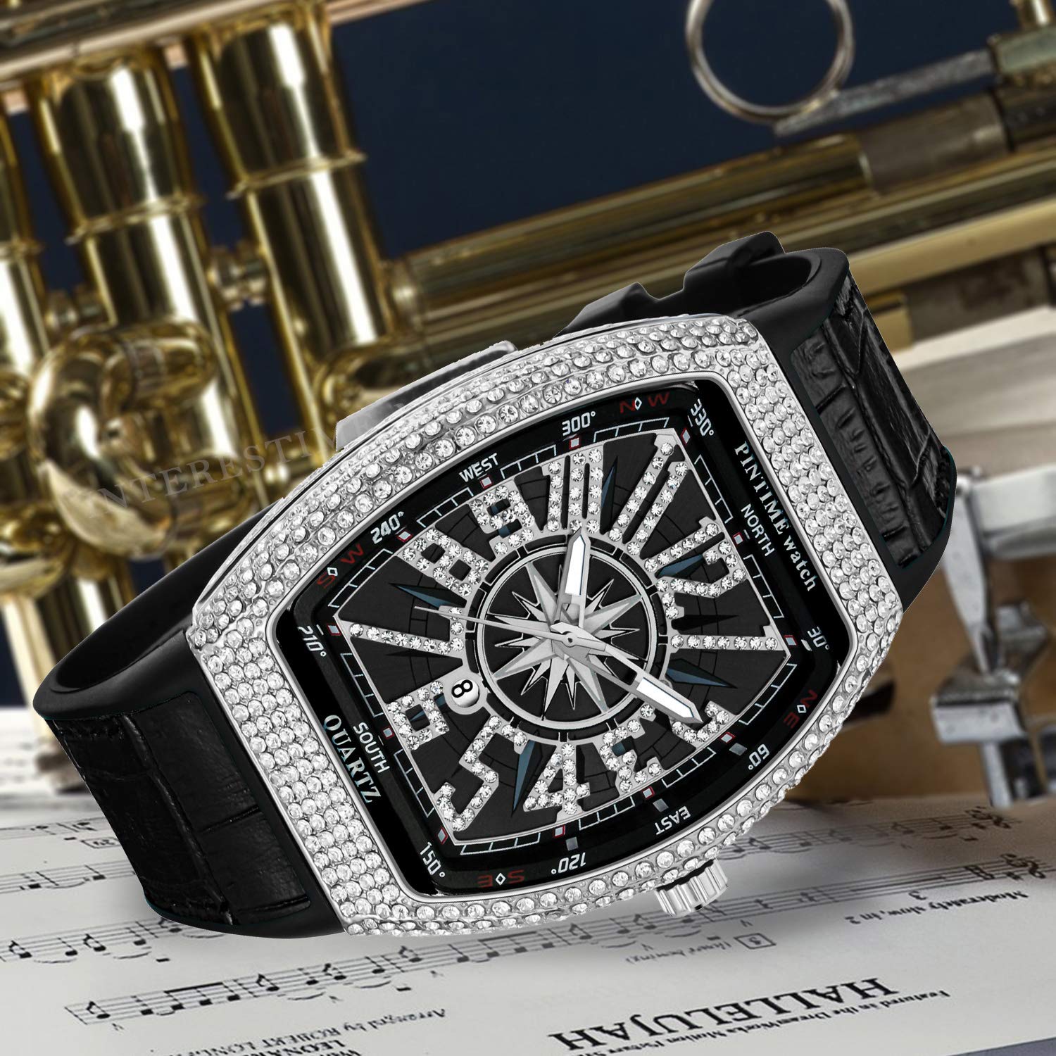 PINTIME Luxury Mens Crystal Diamond Watch Tonneau Fashion Bling Iced Out Waterproof Quartz Analog Wrist Watch Men Leather Strap Hip Hop Rapper, Silver Black Black Band, Luxury Wrist Watch, Silver