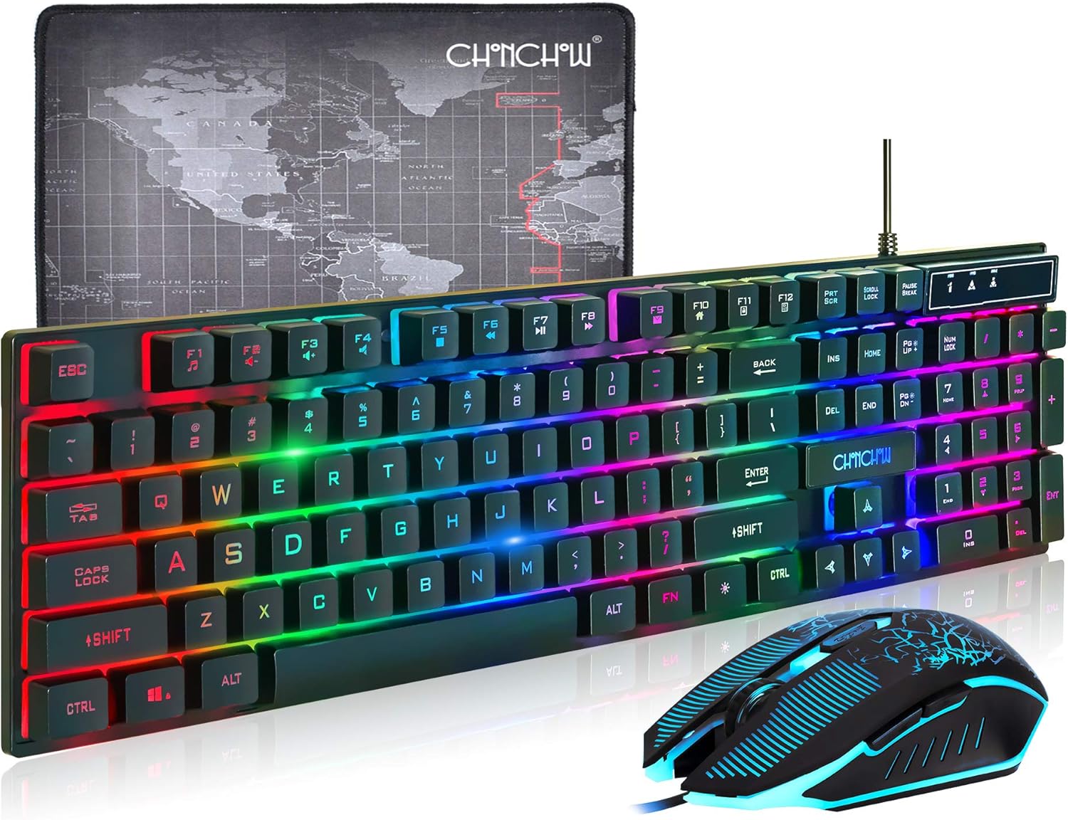 (Upgrade Version) CHONCHOW LED Backlit Wired Gaming Keyboard and Mouse Mousepad Combo US Layout USB Keyboards Mechanical Feel with Multimedia Keys Character Illuminated for Windows Mac,1910B