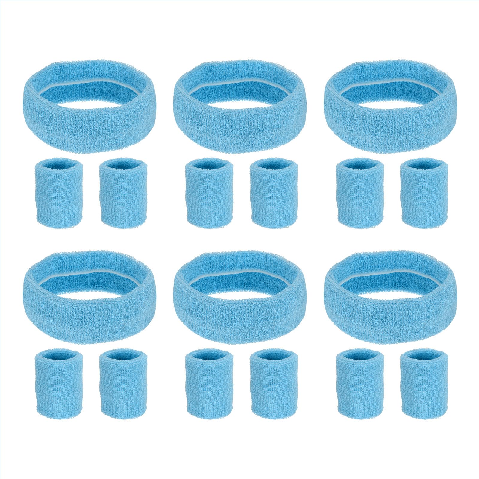 PATIKIL Sweatbands Headband Wristband, 6 Set/18Pcs Sweatband Terry Cloth for Sports Basketball Tennis Athletic Gym Working Out, Sky Blue