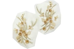 MUMAYA Lace Fabric 3D Flower Patches Tassel Beads Rhinestone Embroidered Wedding Gown Appliques Sew Patch for Dress DIY Decor 2 Pcs (Gold)