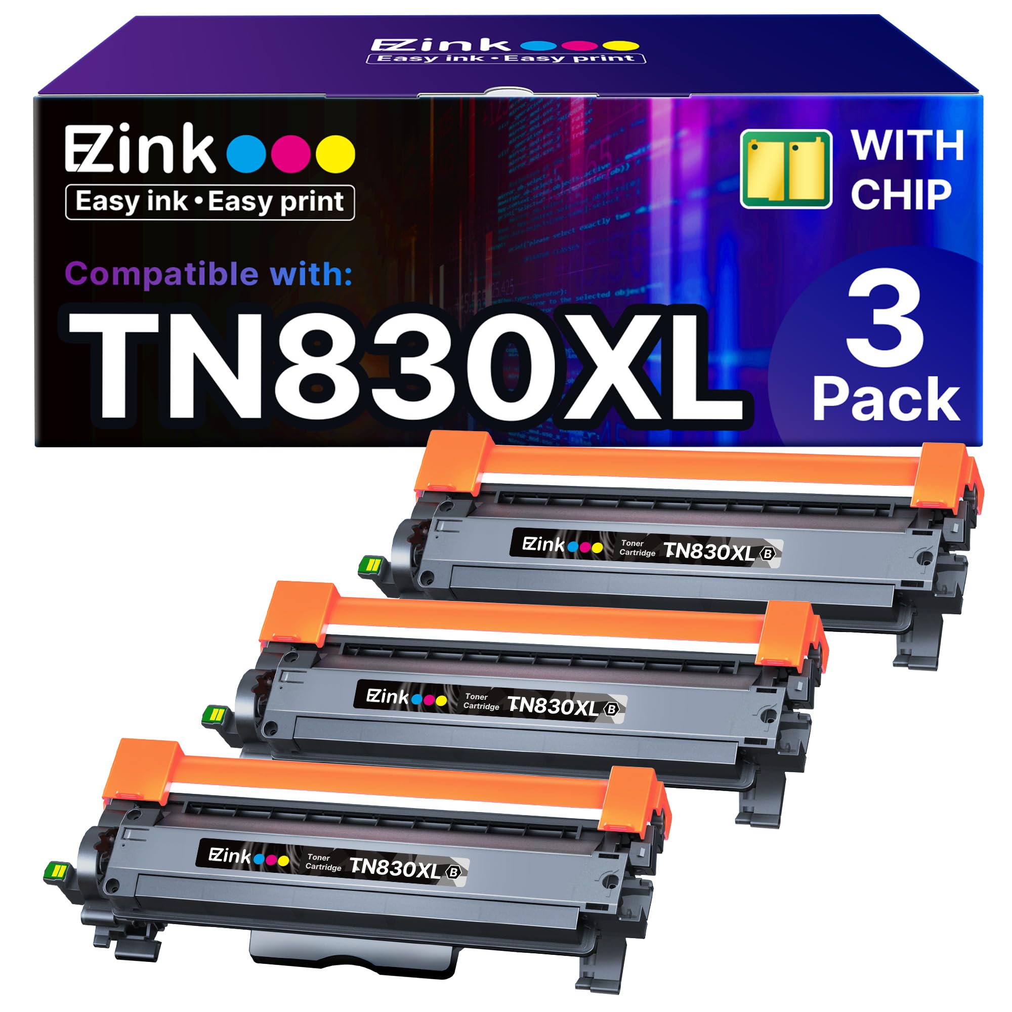 Photo 1 of E-Z Ink Compatible Toner Cartridge Replacement for Brother TN830XL TN830 TN 830 Toner Cartridges to use with HL-L2460DW DCP-L2640DW HL-L2480DW HL-L2400D HL-L2405W MFC-L2820DW Printer (3 Black)
