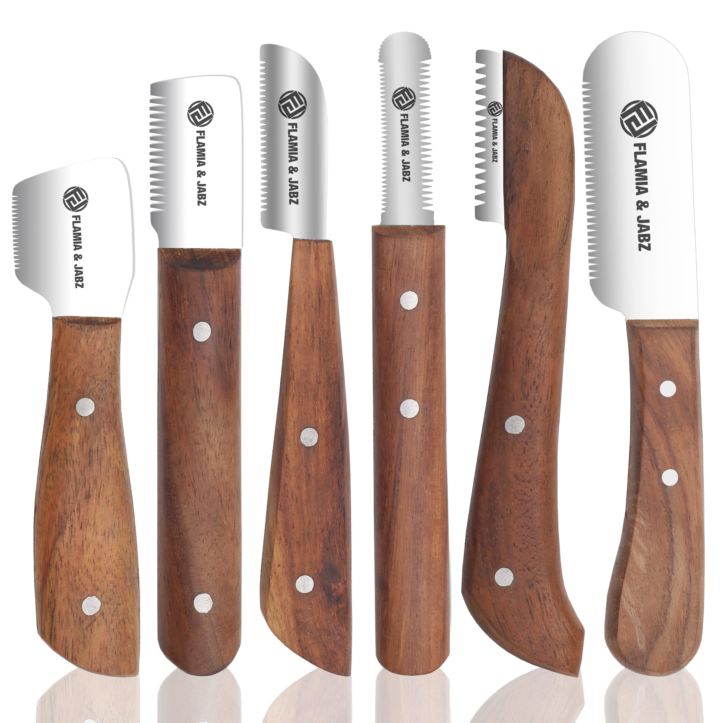 FLAMIA & JABZ Professional Stripping Knife kit (6 Pieces Set) for Dogs & Pets, Wooden Handle Grip with Stainless Steel Comb (Right Handed) (Rosewood)