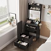Make Up Vanity Desk with Mirror and Lights,Small Vanity With Storage Chair | Vabches Black Vanity Table Set with Charger Station