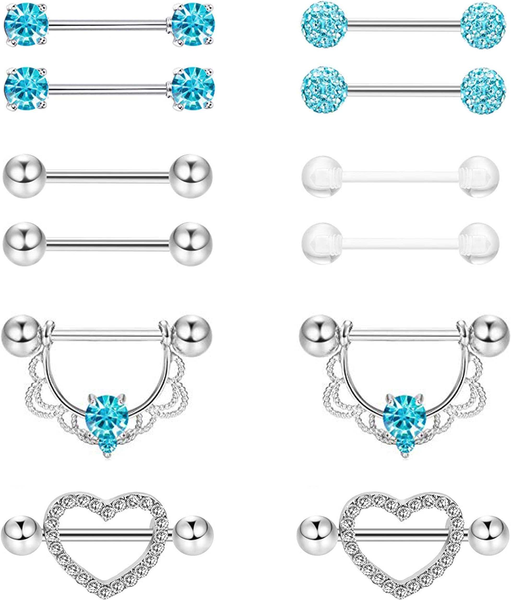 Masedy6 Pairs 14G 316L Stainless Steel Nipplerings Nipple Tongue Rings Women Girls CZ Barbell Body Piercing Jewelry