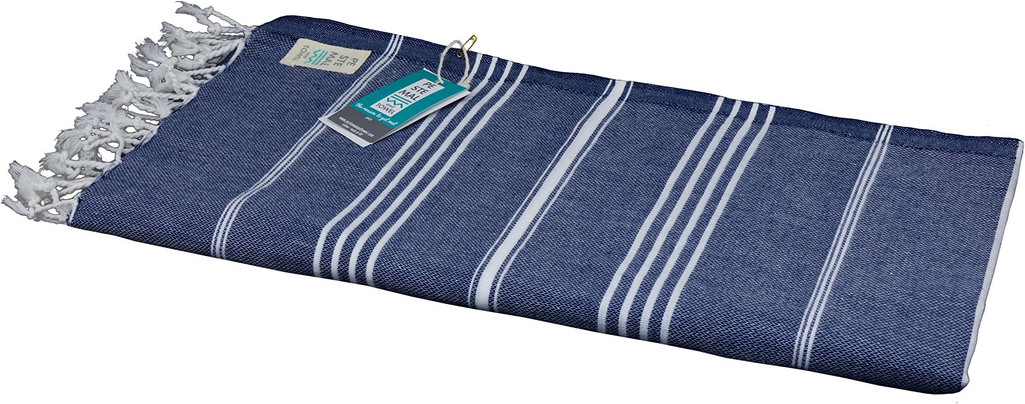 Pestemal Beach Towel with Turkish Design – ATLAS - eco-friendly thin lightweight organic soft cotton - Large natural quick dry breathable blanket – Denim Blue, 160x2000 cm
