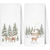 AJIPUX Rustic Winter Reindeer Kitchen Towels 16x24 Inch, Farmhouse Christmas Pine Tree Forest Cottage Decorative Hand Towels for Bathroom, Christmas Winter Dish Tea Towel Drying Cloth
