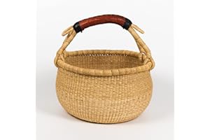 Bolga Zaare Market Basket, Handmade in Ghana by Women Artisans, Natural, Large, 16"-18" Diameter x 9"-10" H, RED Handle (1 Basket)