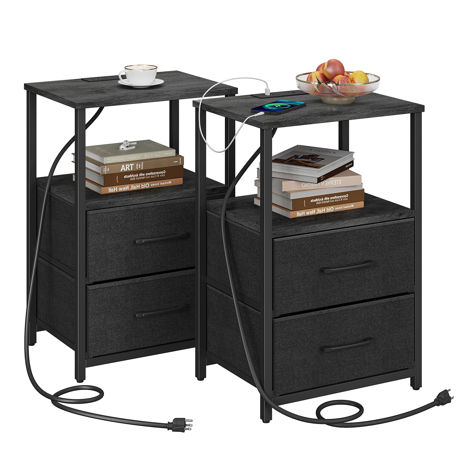 Photo 1 of TUTOTAK End Table with Charging Station, Side Table with 2 USB Ports and Outlets, Nightstand with Cloth Drawer, Set of 2, Couch Table, Charcoal Grey TB01BY052