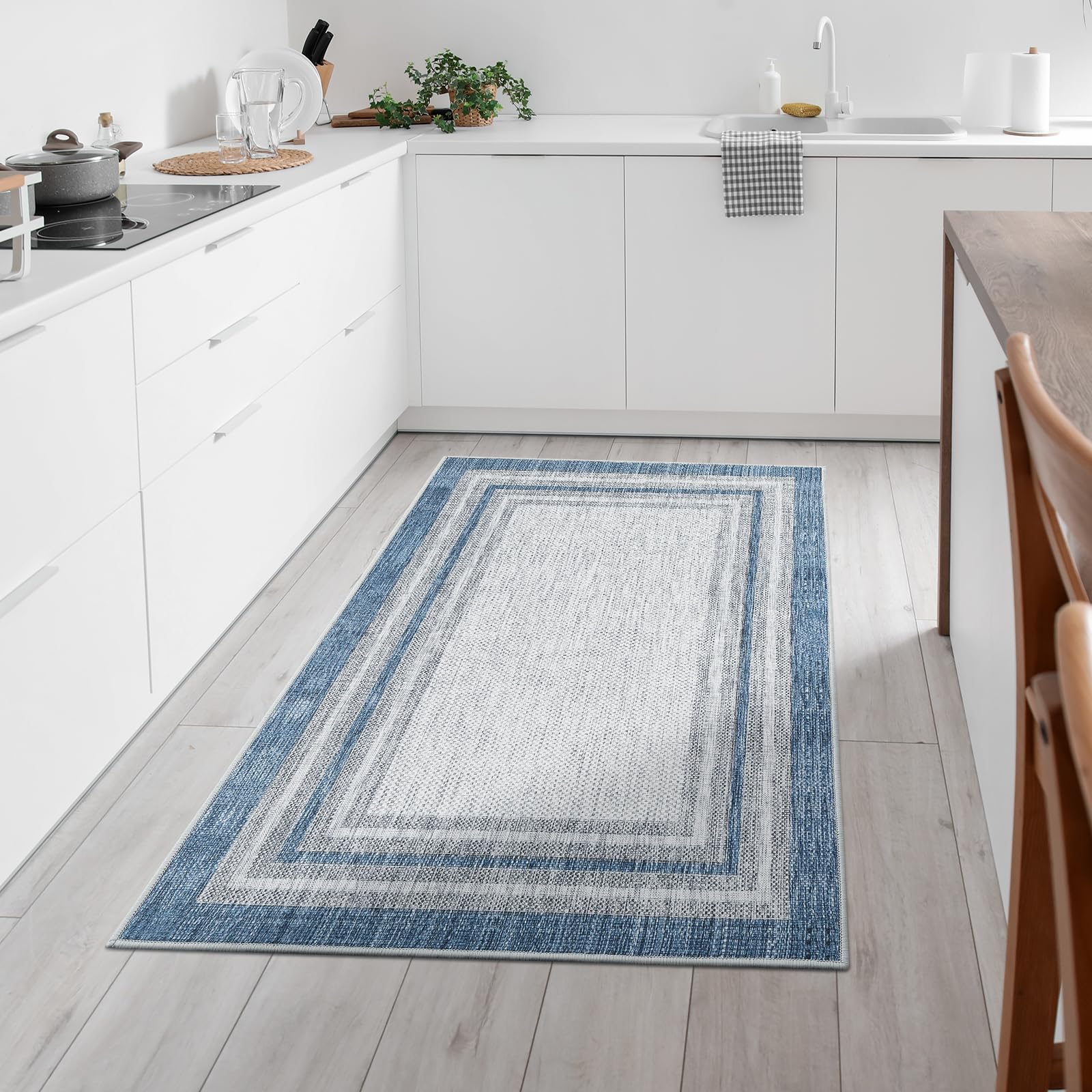 Photo 1 of Beeiva Bordered 3x5 Washable Area Rug, Modern Printed Non Slip Indoor Rug for Entryway, Blue Non Shedding Ultra Thin Carpet for Office, Bedroom, Living Room Decor