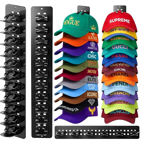YONSYA 2 PACK HAT HOOK ORGANIZER FOR BASEBALL CAPS, HAT HANGER HOLDER FOR 20 CAPS, WALL HAT RACK WITH STRONG ADHESIVE, MULTILAYER CAP STORAGE HOOKS FOR CLOSET DOOR AND BEDROOM (STYLE C-BLACK)
