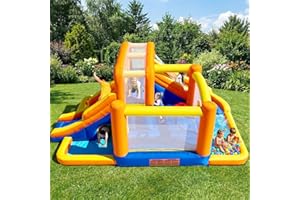 HuaKastro Extra Large Dual-Zone Water Bouncy Castle, Front & Back Sides with Separate 2 Long Slides, 2 Water Pools, 2 Climbin